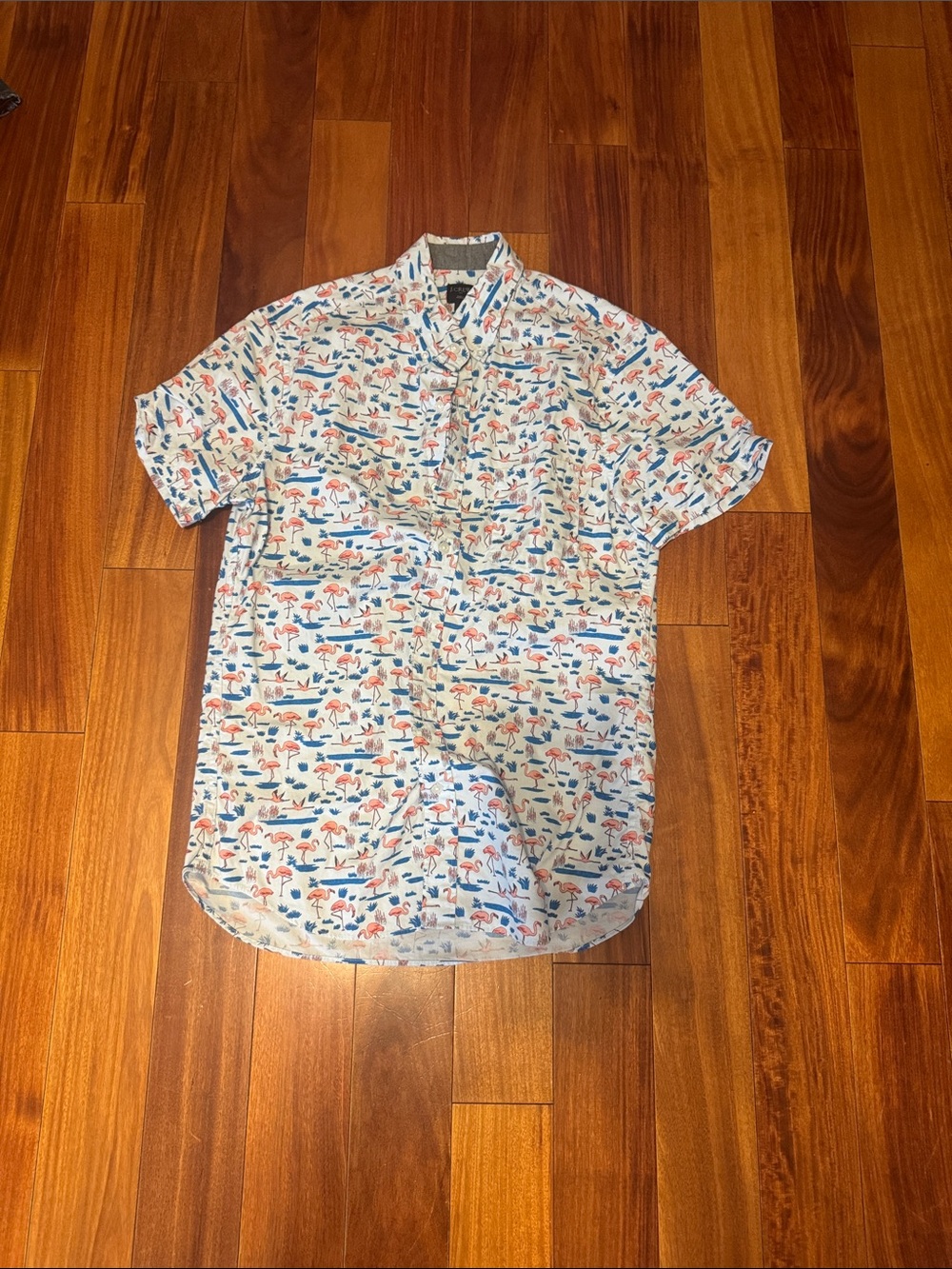 J. Crew Short-Sleeve Button-Down Shirt in White with Blue & Coral Print